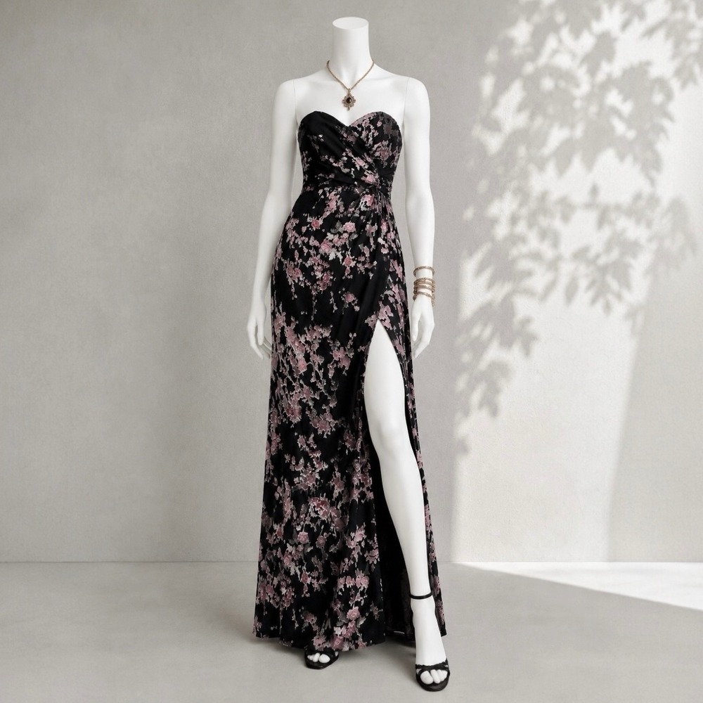 Chrissy Teigen x Revolve Evening Dress XS Black Floral Strapless Shirt Homecomin - Picture 8 of 11